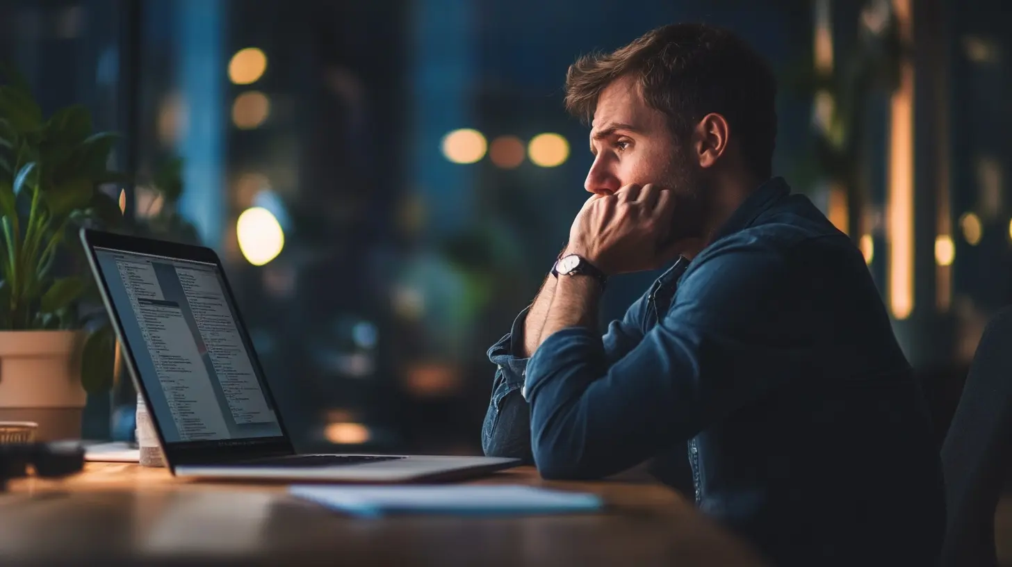 man looking at his lap top in frustration.  In an officing at night