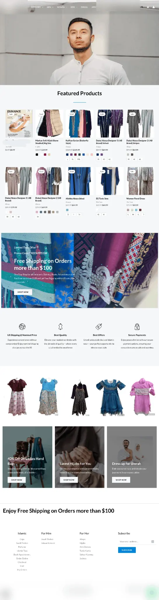 Ayat boutique landing Landing page of client's website, has many issues, pictured with a handsome man in a Kurti, there are numerous dresses on the site and ads for featured items