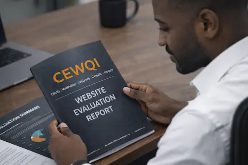 Focused on the evaluation report man in corporate white shirt at desk looking at CEWQI report