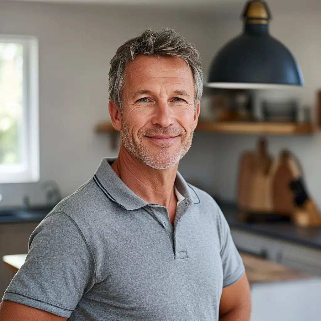 middle aged white male with polo shirt in a kitchen, he is smiling .