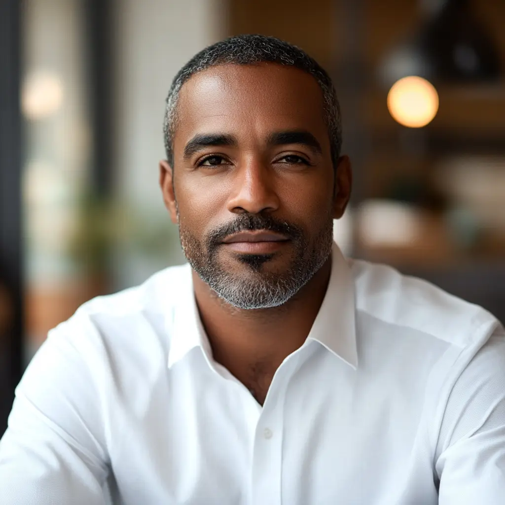 handsome black man in white dressy shirt, brown skin and beard. neutral pose.