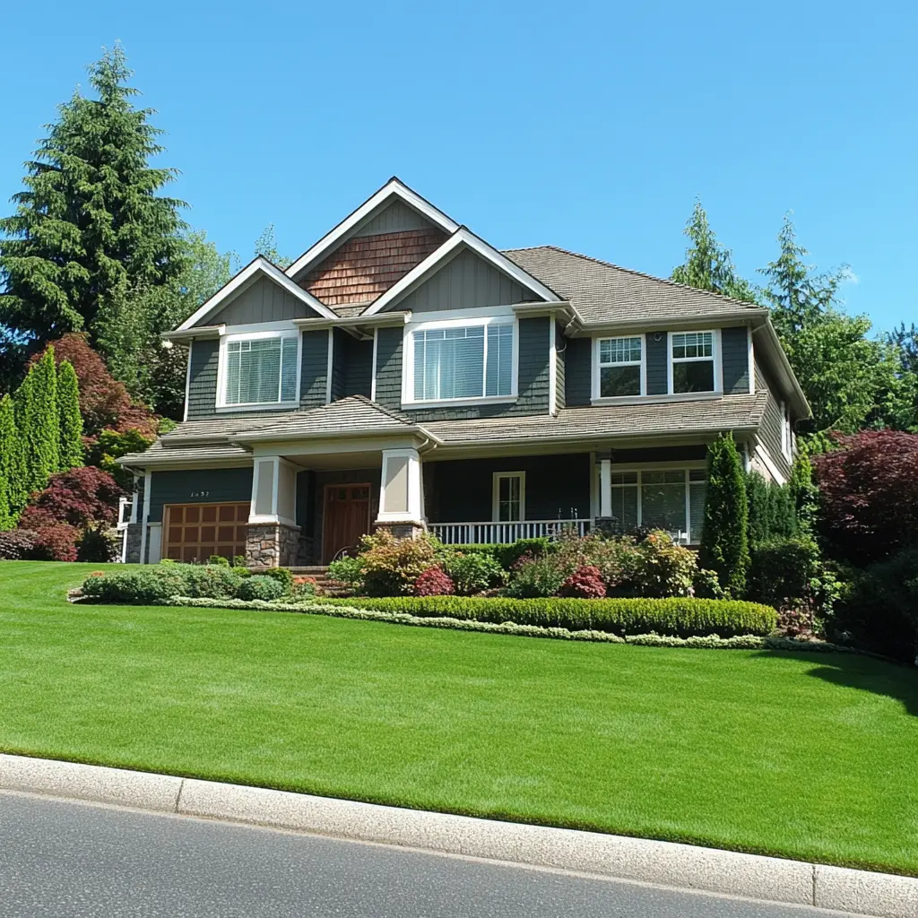old bungalow home with low cut grass.