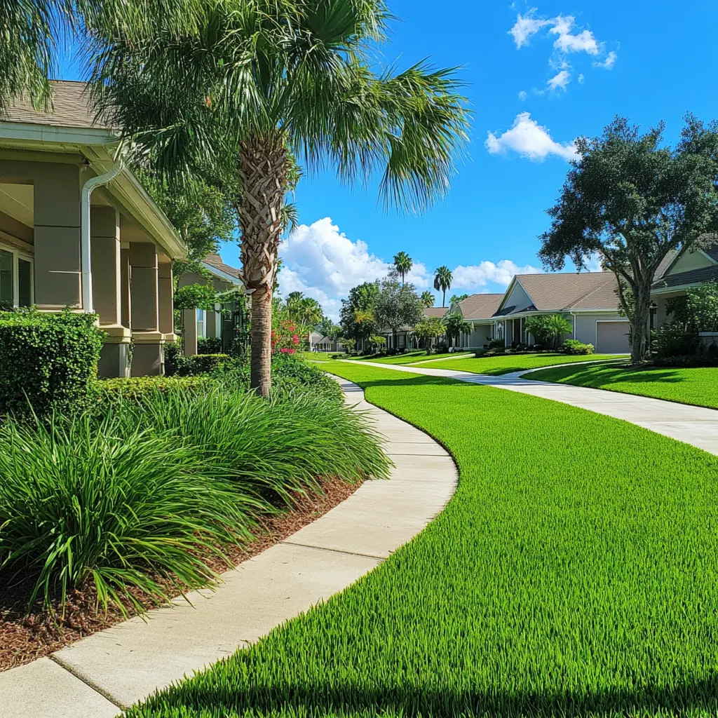 Posh lawn lined with a tropical landscape. Houses in the back palm trees