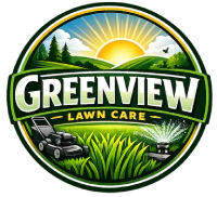 logo for fictions company greenview lawncare. sun burst, meadows, name of company in the middle, lawnmower on left and sprinklers on the right