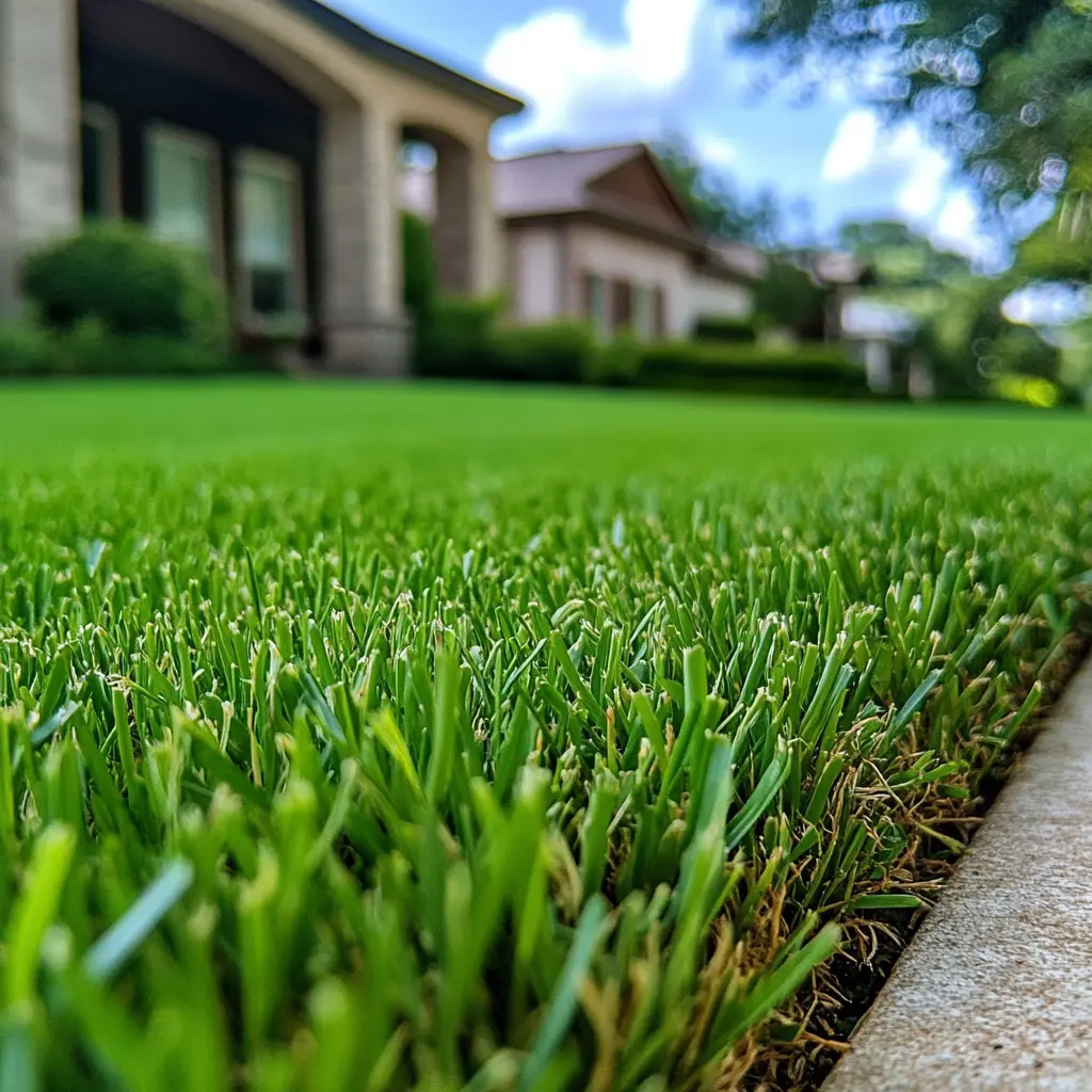 ultra closeup of the edge of a lawn with grass shown and houses in the background