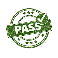 icon of a rubber stamp that says "pass" has stars and a check mark