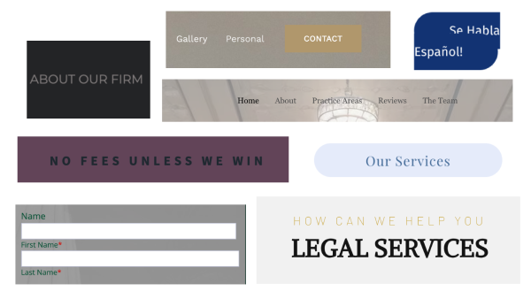 samples of poor design on attoney websites. Buttons, menus, letters, forms