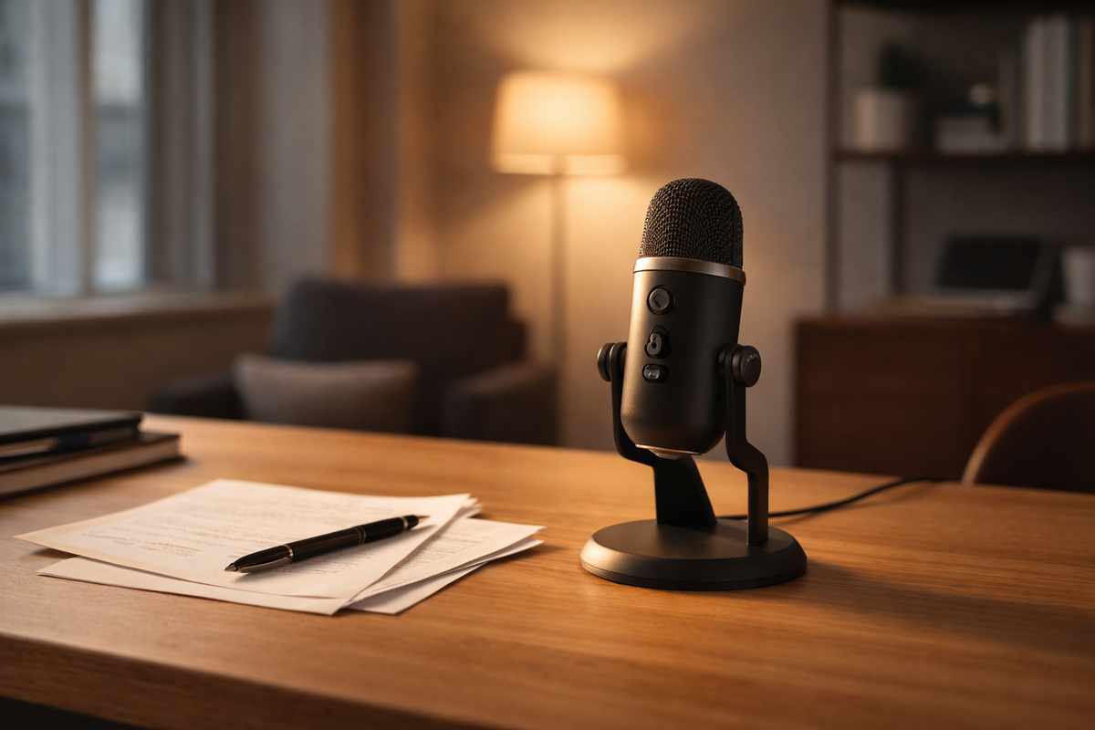 A microphone resting on a modern wooden desk with a few papers nearby in a softly lit office.
