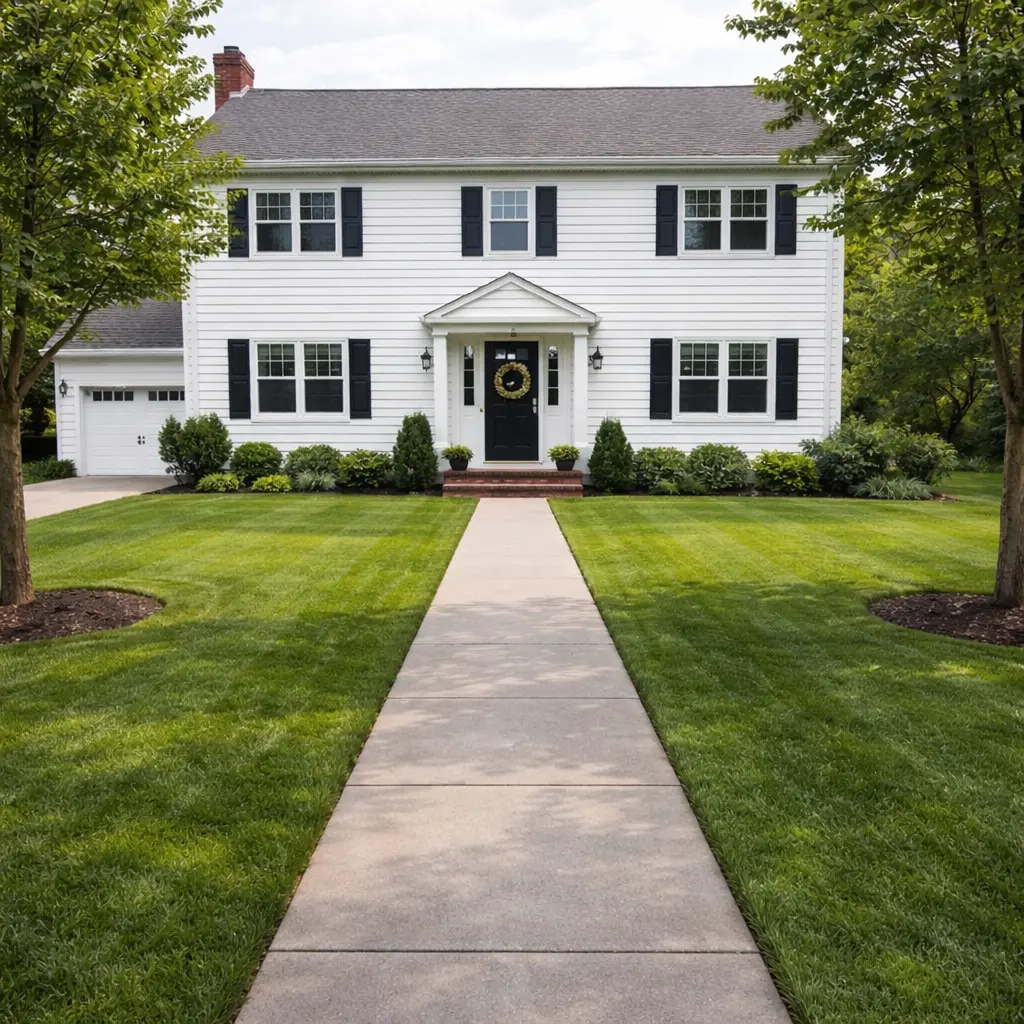 gallery style home with sidewalk in the front to the street, grass on each sides, trees.