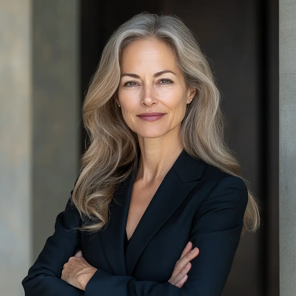 white lady long blond grey blond hair business suit