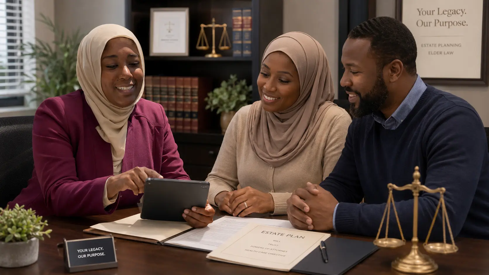Attorney Lubabah Abdullah meeting with a family to review estate planning documents