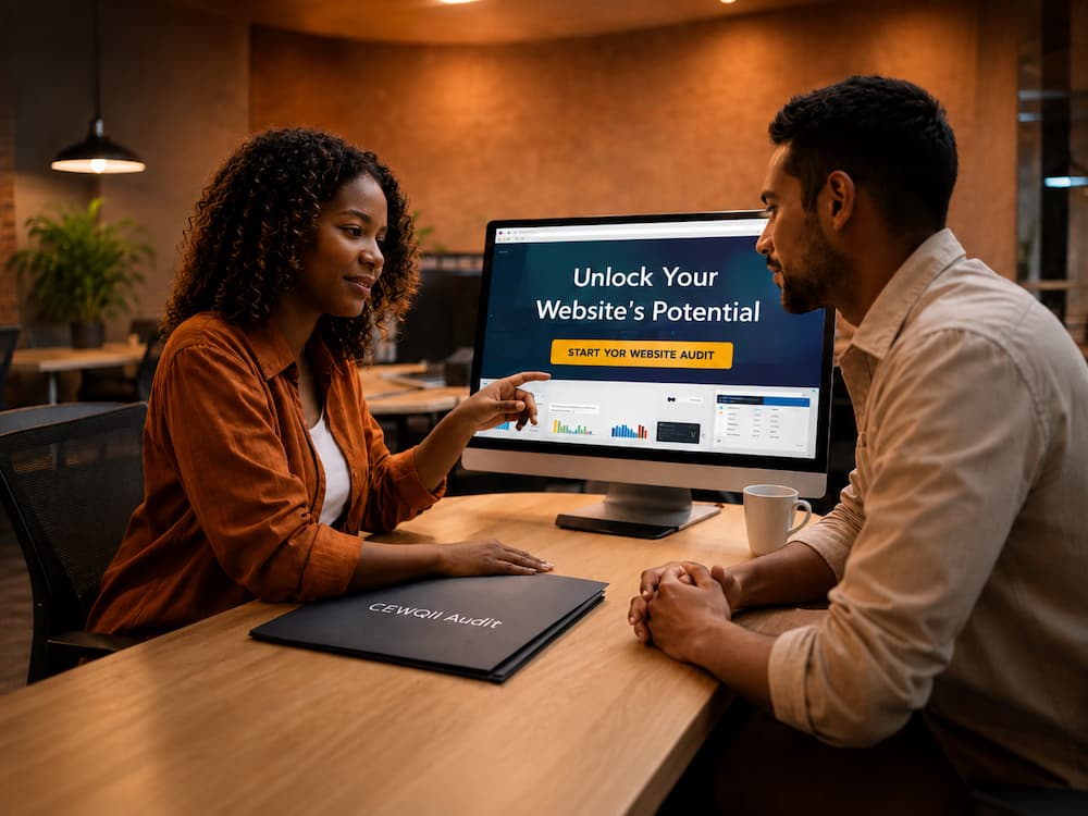 A web designer speaking with a client during a planning session in an office