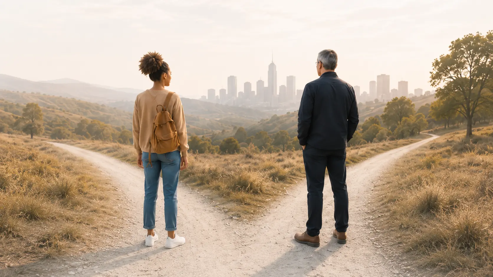 Two business owners standing at separate roads that lead toward a distant city