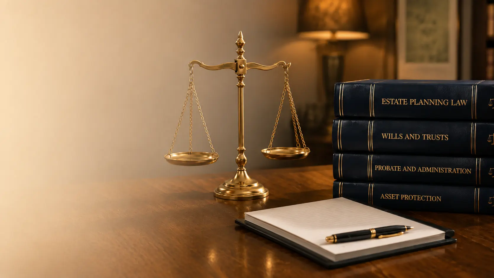 Scales of justice and estate planning law books on a desk