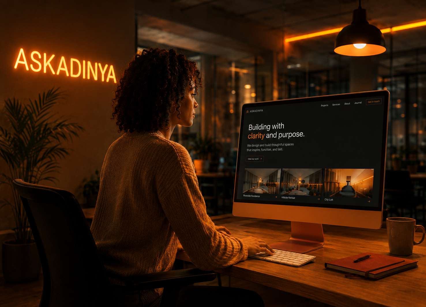 A woman works at a desktop computer in a warm, softly lit studio space, with an illuminated ASKADINYA sign glowing on the wall behind her.