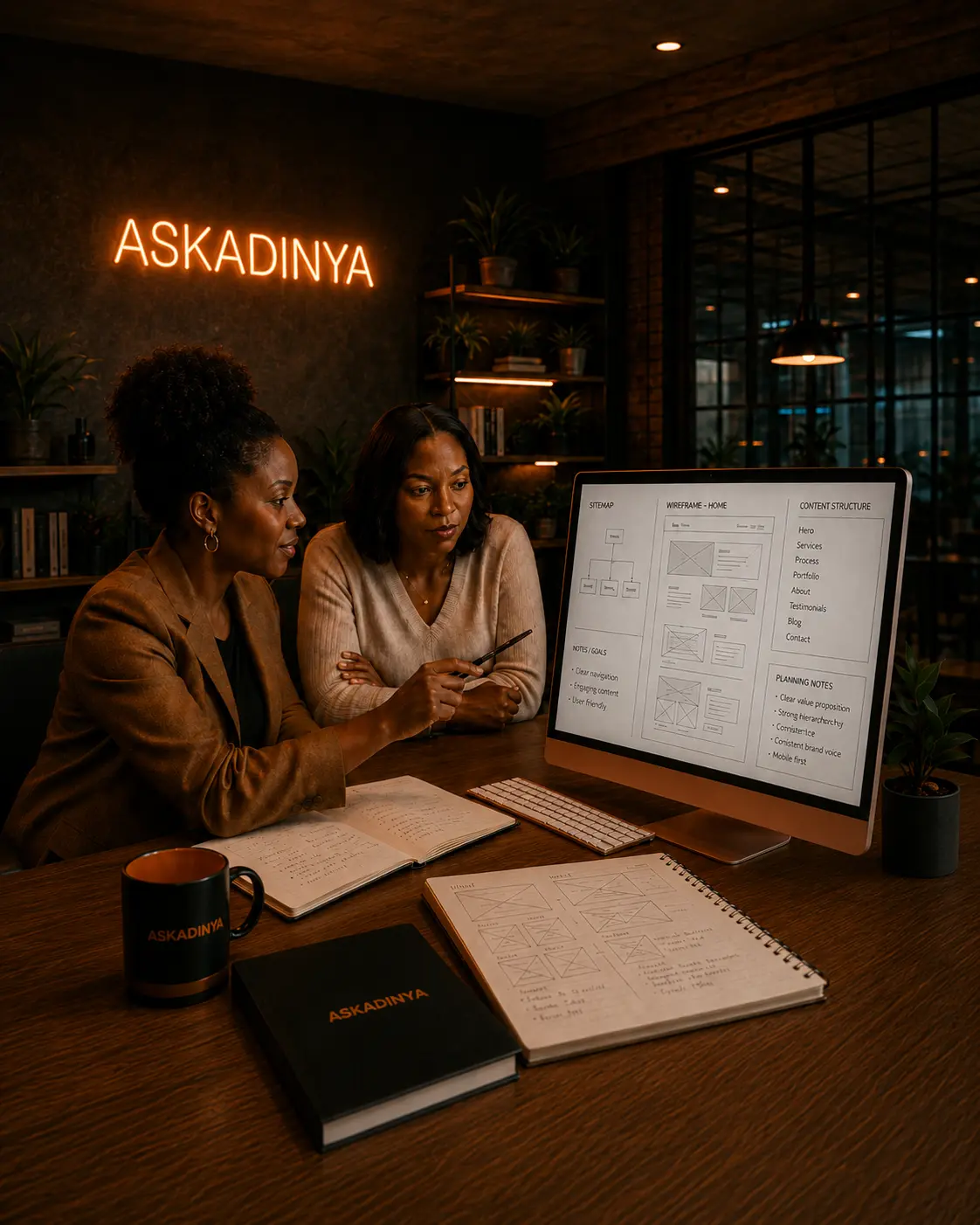 Two women review a sitemap, wireframe, and content structure on a desktop monitor at a wooden desk, with hand-sketched wireframe notebooks nearby and an illuminated ASKADINYA sign glowing in the background.