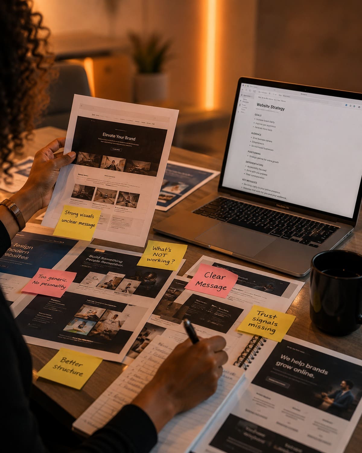 Website research, competitor examples, and strategy notes being reviewed and annotated