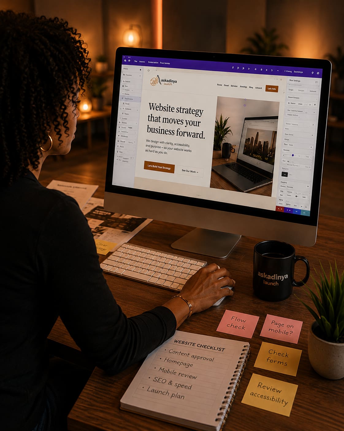 A web designer actively building a website in a visual page editor