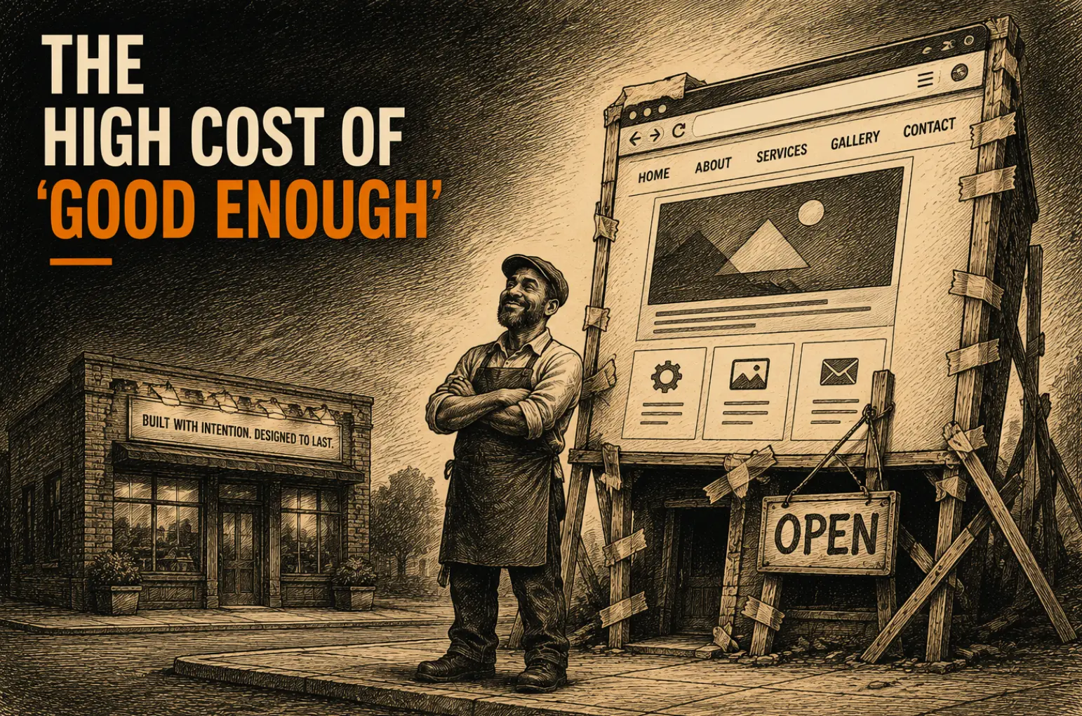 Illustration contrasting a DIY website build with a professionally built site