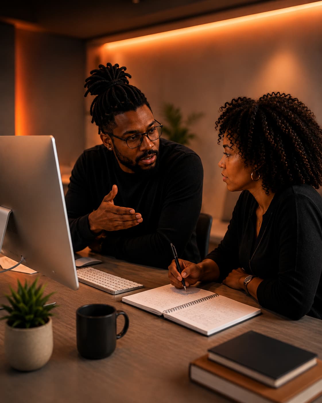 Two professionals discussing a website project together at a desktop computer