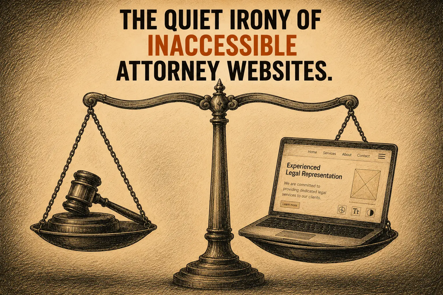 Scales of justice balanced against an inaccessible law firm website on a laptop screen